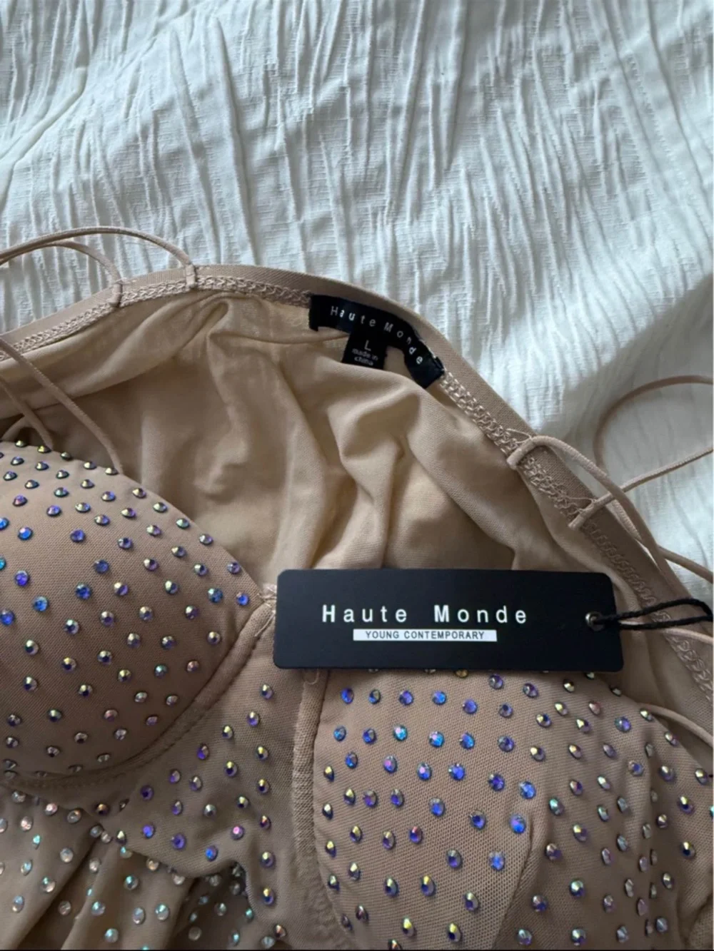 Haute Monde Nude Bodysuit with Iridescent Rhinestones - Picture 2 of 2